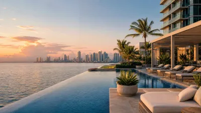 Panama hotel infinity pool overlooking the waterfront skyline at sunset